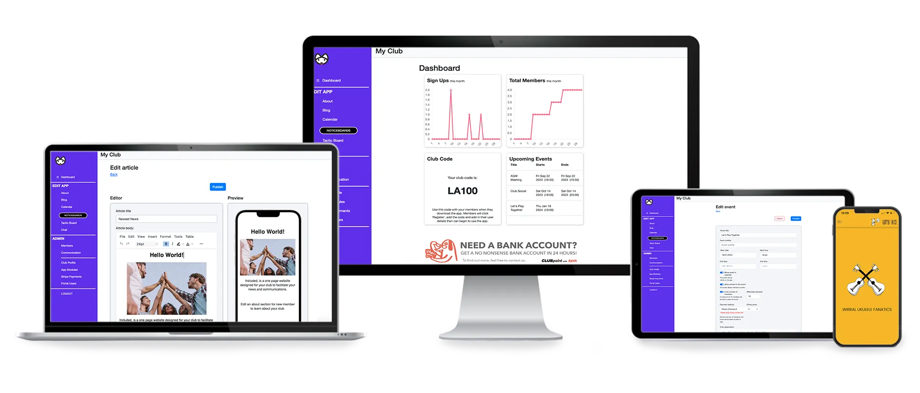 Multiple device mockups showing CLUBpoint dashboard with payment features, analytics, and mobile interface